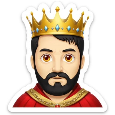 


an old king with yellow skin, red eyes, 60 years old, black hair, black beard, wearing a crown, red robe, fierce face
 sticker