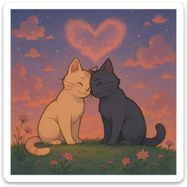 two cats in love in a dreamy romantic scene, ghibli style sticker