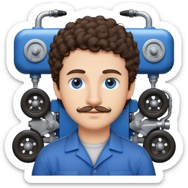 young mechanic with short dark brown curly hair, thin mustache and blue eyes. Cute sticker