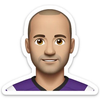 45-year-old man with a slightly round face, very short, almost shaved hair with a small central crest and a slightly receding hairline. He has brown eyes, subtle stubble, and wears a black and purple soccer jersey. sticker