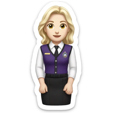 Emma Myers with blonde hair pale skin wearing purple with black stripes uniform vest and skirt sticker