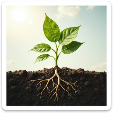 highly realistic detailed whole plant absorbing sunlight, clear depiction of water uptake from roots and CO2 entering leaves, showing fine botanical details, no background, transparent background sticker