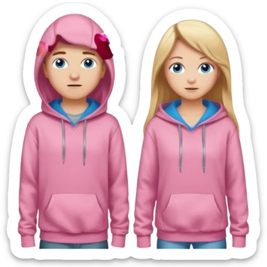 full-length couple, girl with long blonde hair and blue eyes in pink hoodie, boy with brown hair in gray hoodie sticker