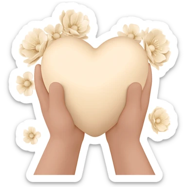 hands are holding light beige human heart with beige flowers sticker