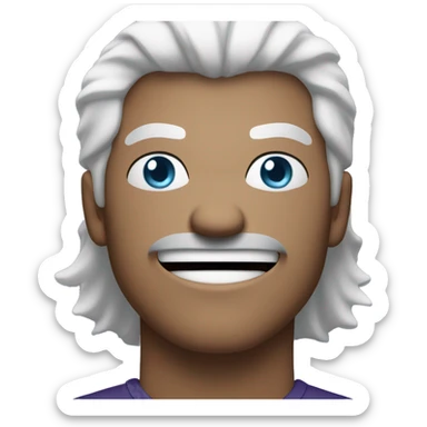 guy with white hair and blue eyes. hair is scrambled and background is darkish purple. no facial hair. angry but laughing sticker
