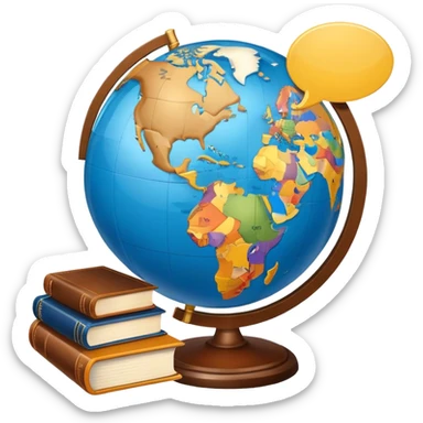 An icon featuring a globe with speech bubbles in different languages, symbolizing the study of foreign languages. The design includes a book and a pencil, representing learning and communication across cultures. Transparent background highlights the global nature of language education. sticker