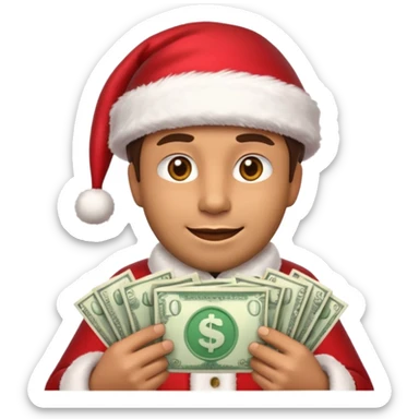 A confident rich emoji face wearing a Santa hat, money stacks, casino vibe, New Year theme, premium 3D emoji style, sharp details, no text, isolated on transparent background sticker