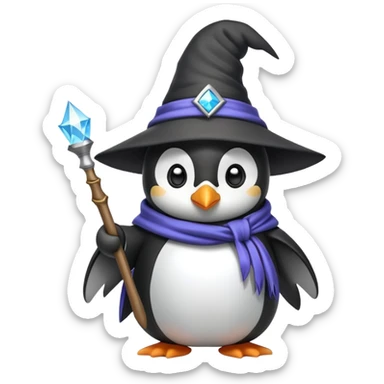 A cute penguin wearing a wizard hat and robe, holding a magic wand sticker