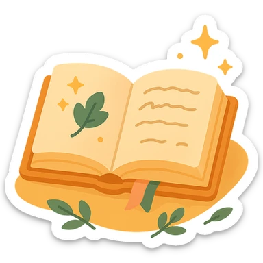 A cute open book lying on a cozy surface, designed in a soft and magical color palette: golden orange (FA9B41), deep forest green (4A7C5C), warm taupe brown (96775A), and pastel peach (FFCC9A). The pages are slightly aged with gentle curves, featuring whimsical illustrations, tiny stars, and elegant handwritten text. The book cover, visible beneath the open pages, has decorative patterns and a ribbon bookmark in peach and green tones. Around the book, add soft light, a few leaves, or glowing sparkles, creating a dreamy, enchanted, storybook-like atmosphere. The overall mood is warm, magical, and gentle sticker