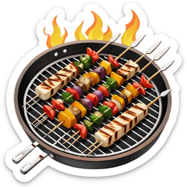 Grilled dishes avatar in bright emoji-style illustration. Skewers, BBQ, and grilled vegetables, warm fire tones, simple shapes, flat design, high contrast, tasty and inviting. sticker