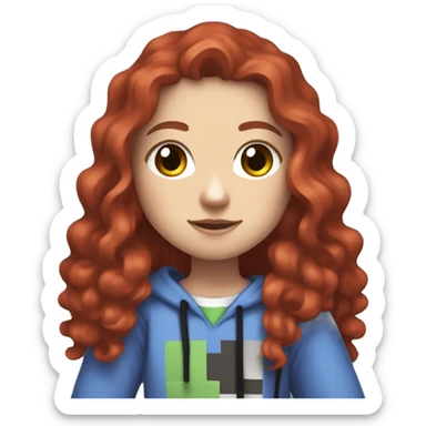 a white girl with long red curly hair, wearing periwinkle Minecraft hoodie holding a controller sticker