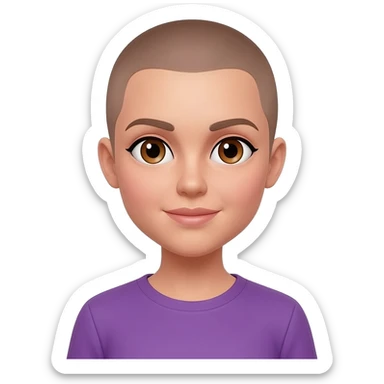 White skin ,  female, light brown buzzcut, purple shirt, hazel  eyes sticker