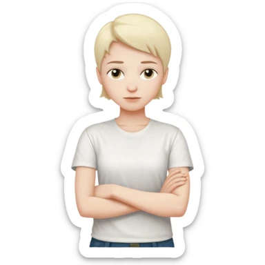androgynous upper body, arms crossed, neutral face, plain t-shirt sticker