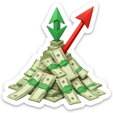 a pile of money infront of strategy paper with one red arrow up sticker