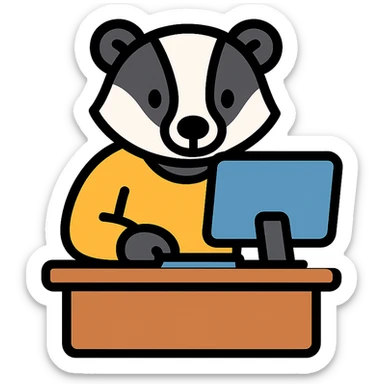 a badger at a desk with a computer, flat icon style sticker