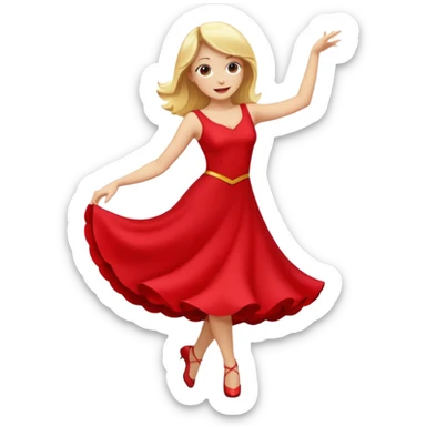 a yellow-blonde woman dancing wearing a red dress, in flat emoji / Apple style, smooth shapes, glossy highlights, bright saturated colors, simple features, minimal details, no outlines, red clothes flowing, joyful pose sticker