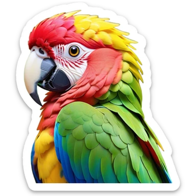 Cinematic Noble Macaw Portrait Emoji, Poised and regal, with vibrant, iridescent feathers in a spectrum of brilliant colors and sharp, intelligent eyes, Simplified yet sharp and sophisticated features, highly detailed, glowing with a soft, tropical radiance, high shine, majestic and graceful, stylized with an air of exotic elegance, focused and alert, soft glowing outline, capturing the essence of a watchful and confident avian guardian that seems ready to soar out of the screen with effortless authority! sticker