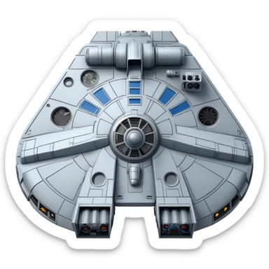 Millennium Falcon from Star Wars, emoji style, top view, many surface details, panels, antenna, circular cockpit, blue rear lights, metallic and gray tones, iconic shape sticker