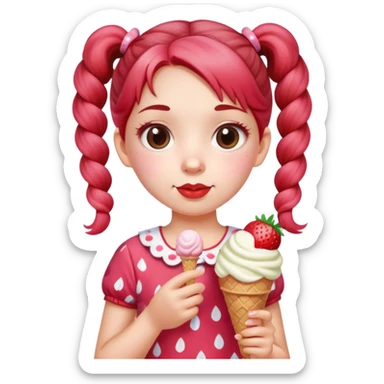 . A cute girl with pigtails, wearing a strawberry-patterned top, holding an ice cream. sticker