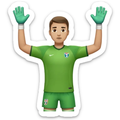 goalkeeper, standing, wearing a green shirt, shorts, socks and football boots, with arms raised sticker