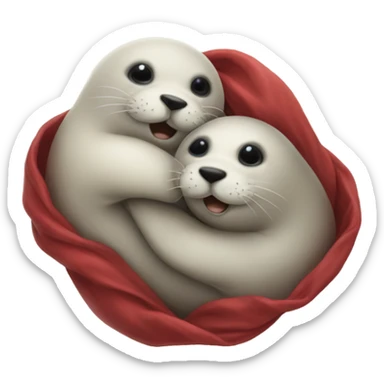 Hugging seals with little red emoji in the middle of them sticker