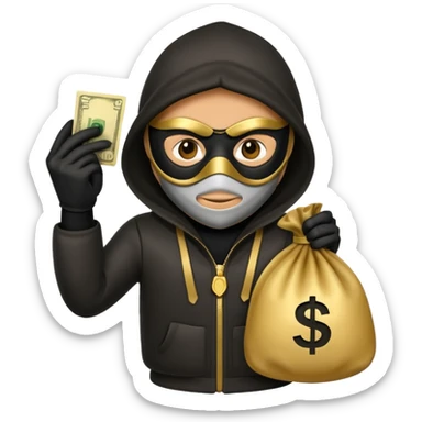Robber emoji holding a 💰 wearing a mask that is made of robber suit without showing his hand the 💰 need to be in the left sticker