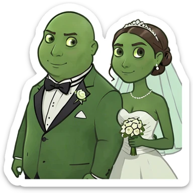 blue-eyed overweight bald man with a beard in a tux and brunette brown-eyed bride sticker