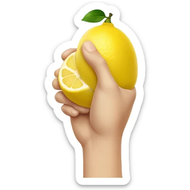 a hand squeezing a lemon sticker
