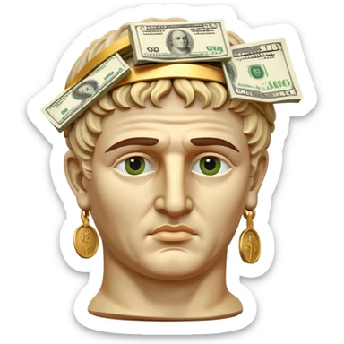 half body portrait of roman caesar statue head with cash on eyes sticker