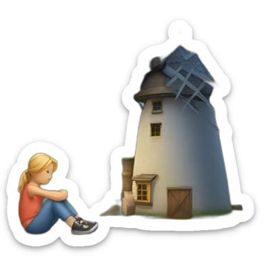 Children are sitting near the windmill sticker