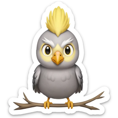 cockatiel in iOS emoji style, perched and facing forward, with a soft gray body and yellow face sticker