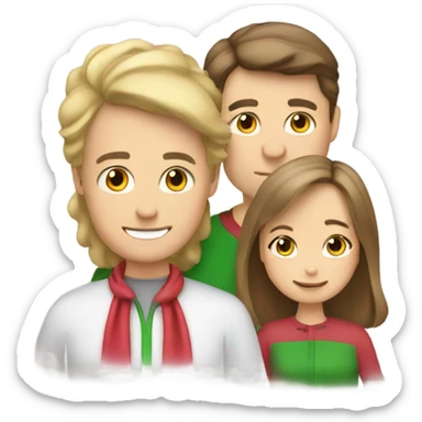 Three people: Brown hair dad , brown hair mom , blond little daughter in Christmas   sticker