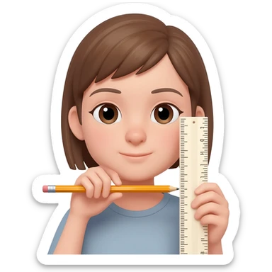 Girl holding a pencil horizontally under her chin with one hand and a ruler vertically from her ear downwards with the other hand sticker