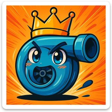 Make the turbocharger with a crown more anime style, featuring expressive eyes and dynamic lines, with vibrant colors. sticker