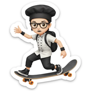 ["An angry boy , ponytail, wearing a chef hat and square glasses, dressed in goth fashion, is skateboarding while holding a backpack."] sticker