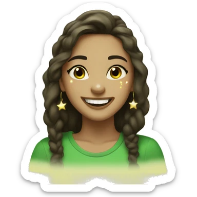 Brunette girl with light brown eyes, nose piercing, ear piercings, with light makeup. Wearing green. Surrounded by light yellow sparkles. Laughing.  sticker