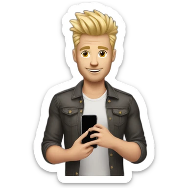 Blonde man with faux hawk hair holding iPhone in hand sticker