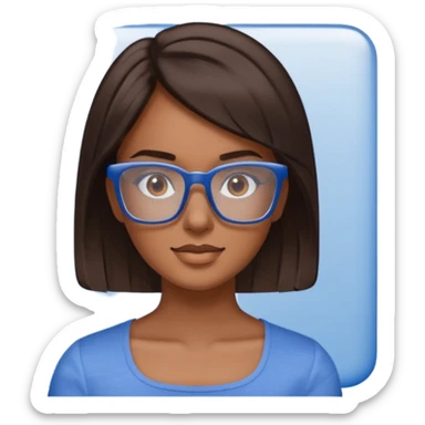 mujer de 30 años, cabello marron oscuro, anteojos cuadrados transparente, top celeste escote cuadrado sticker