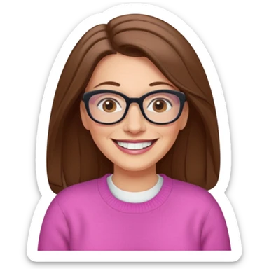 50 yr Caucasian woman, long brown hair parted on side, brown eyes, glasses,big smile, white teeth, pink sweater sticker
