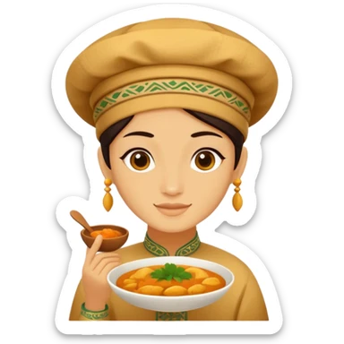 Uzbek cuisine humanless avatar in bright illustration. Classic dishes like plov, warm golden and earthy tones, simple shapes, flat design, high contrast, friendly and appetizing. sticker