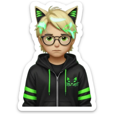 Light blond, slightly messy hair
Black glasses
A black hoodie with cat ears
Neon green details on the jacket and pants (glowing lines and stripes)
An overall hacker / cyberpunk style look
A neutral facial expression (boy )eyes brown) the hood with ears BROWN EYE BROWN EYE sticker