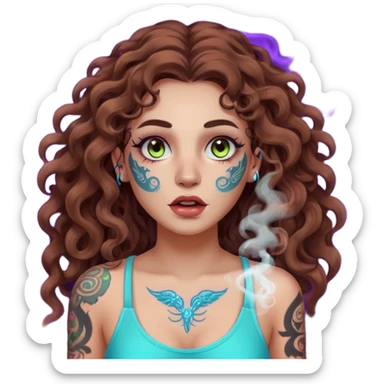woman with long curly brown hair, brown eyes, white skin, tattoos, neon fog coming from her breath sticker