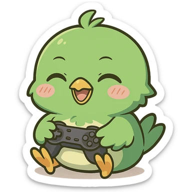 green chibi anime bird happy, gaming with a controller, chibi style, anime style, cute character, playing video games sticker