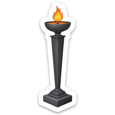 A minimalist ceremonial torch with a shallow black bowl on top holding bright flames. The bowl is supported by a tall, rectangular gray pedestal with clean, smooth surfaces and sharp edges. sticker