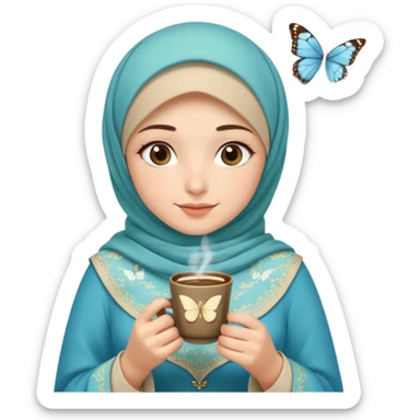 Turkish beautiful finish Konya girl blue with beige and light green hijab  butterfly islamic dress and had on her hand Turkish coffee sticker