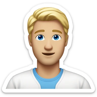 a blonde guy with middle parting blond slicked back hair in a white oversize t shirt and a nice tan and blue eye sticker