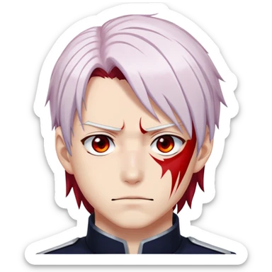 Shoto Todoroki face only, left side white hair, right side red hair, heterochromatic eyes, burn scar on left side of face, serious expression sticker