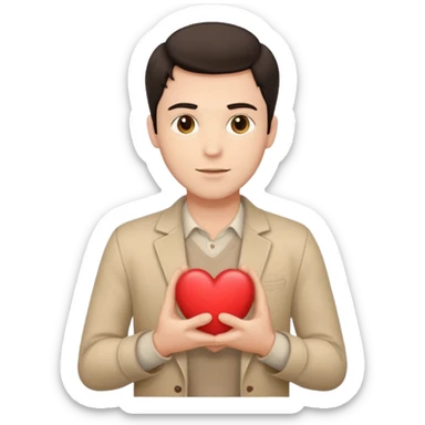 A white handsome man with dark hair and beige clothes with beige heart in his hands sticker