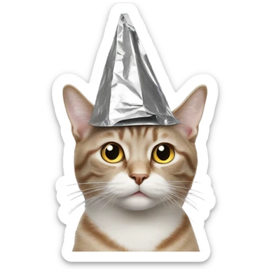 cat wearing a pointed conspiracy tin foil hat sticker