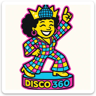 Edit the vibrant 1970s disco emoji of a female African American wearing a sparkling crown, placing her on a 360 photo booth platform. The booth should have the text 'Xyan 360' on it, styled in bold pop colors using gold, silver, black, and white. sticker